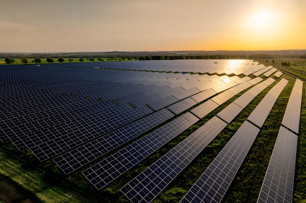 A picture showing solar panels shining in the sun